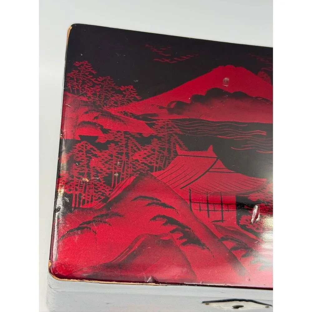 Vintage Japanese Black Red Lacquer Jewelry & Music Box Mount Fuji Pagoda Footed